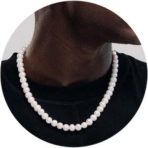 HIPWOPE 6/8mm Faux Pearl Necklace for Men, Choker White Pearl Jewelry